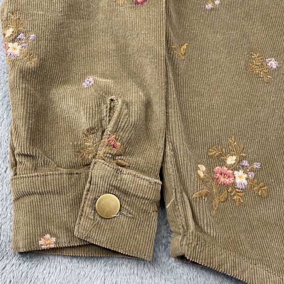 Driftwood Shirt Womens M Brown Shayna Corduroy Floral Embroidered Snap Shacket - Picture 11 of 13